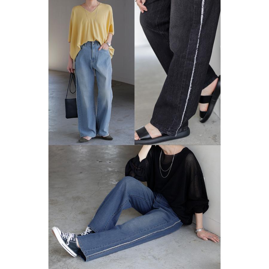 デニム パンツ フリンジ デニムパンツ レディース ワイド ワイドパンツ 大きいサイズ ジーンズ ジーパン 体型カバー ボトムス ストレート ズボン ボトム | HUG.U | 14