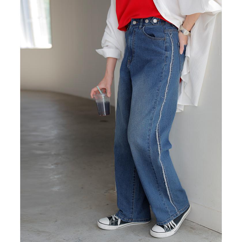 デニム パンツ フリンジ デニムパンツ レディース ワイド ワイドパンツ 大きいサイズ ジーンズ ジーパン 体型カバー ボトムス ストレート ズボン ボトム | HUG.U | 20