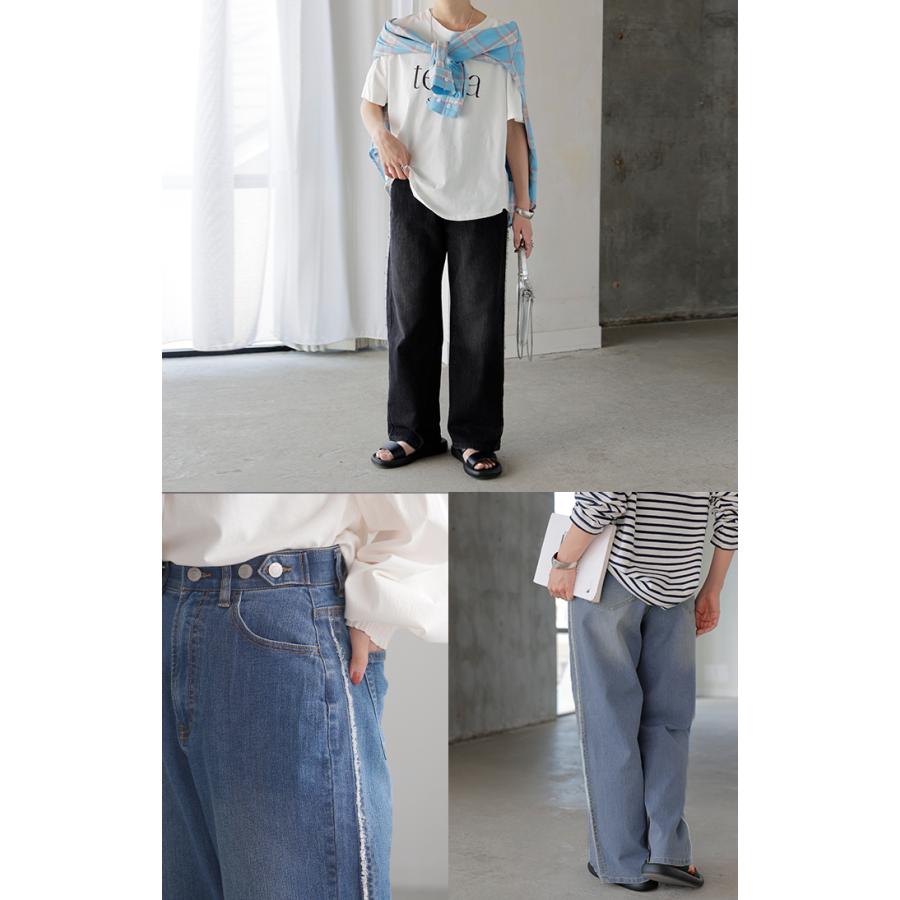 デニム パンツ フリンジ デニムパンツ レディース ワイド ワイドパンツ 大きいサイズ ジーンズ ジーパン 体型カバー ボトムス ストレート ズボン ボトム | HUG.U | 22