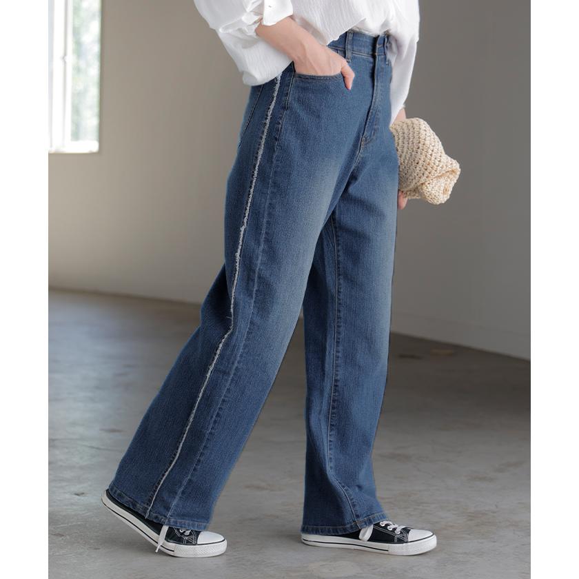 デニム パンツ フリンジ デニムパンツ レディース ワイド ワイドパンツ 大きいサイズ ジーンズ ジーパン 体型カバー ボトムス ストレート ズボン ボトム | HUG.U | 07