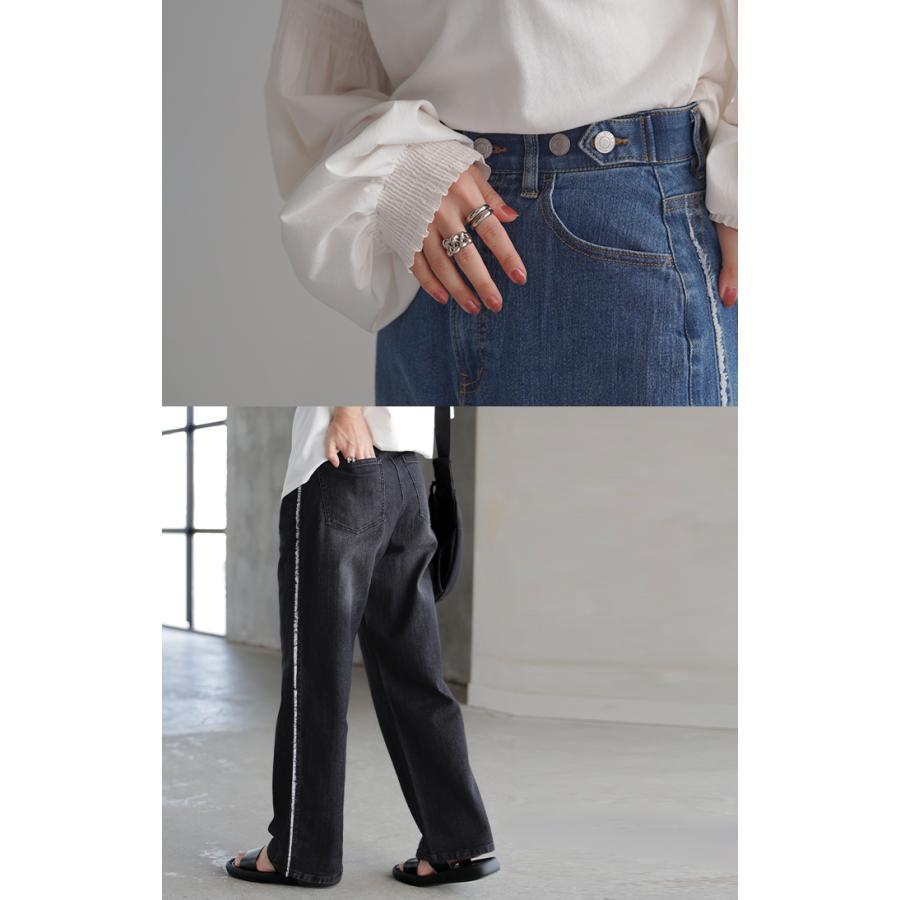 デニム パンツ フリンジ デニムパンツ レディース ワイド ワイドパンツ 大きいサイズ ジーンズ ジーパン 体型カバー ボトムス ストレート ズボン ボトム | HUG.U | 09