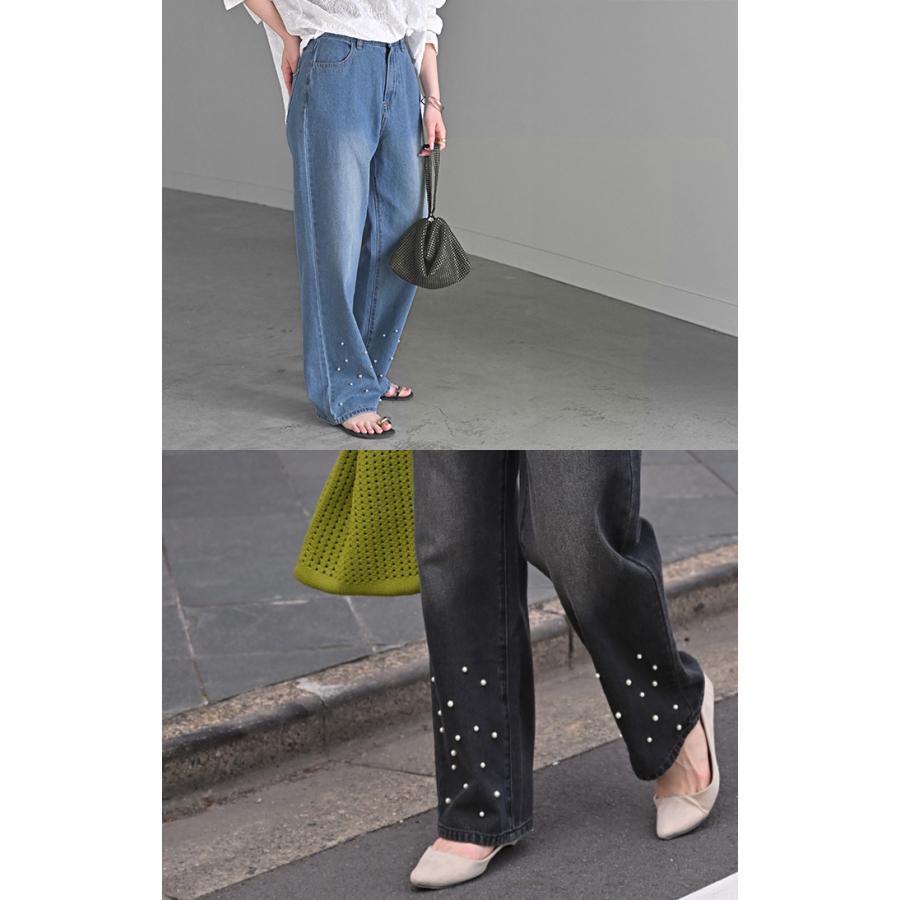 パンツ デニム パール ワイド レディース ボトムス 綿100％ ジーパン ジーンズ ハイウエスト ウエストゴム 無地 コットン100％ 大きいサイズ 体型カバー | HUG.U | 11
