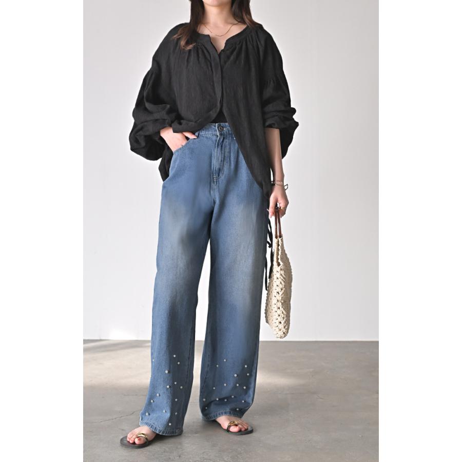 パンツ デニム パール ワイド レディース ボトムス 綿100％ ジーパン ジーンズ ハイウエスト ウエストゴム 無地 コットン100％ 大きいサイズ 体型カバー | HUG.U | 13