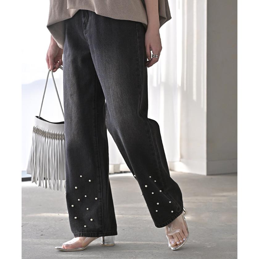 パンツ デニム パール ワイド レディース ボトムス 綿100％ ジーパン ジーンズ ハイウエスト ウエストゴム 無地 コットン100％ 大きいサイズ 体型カバー | HUG.U | 20