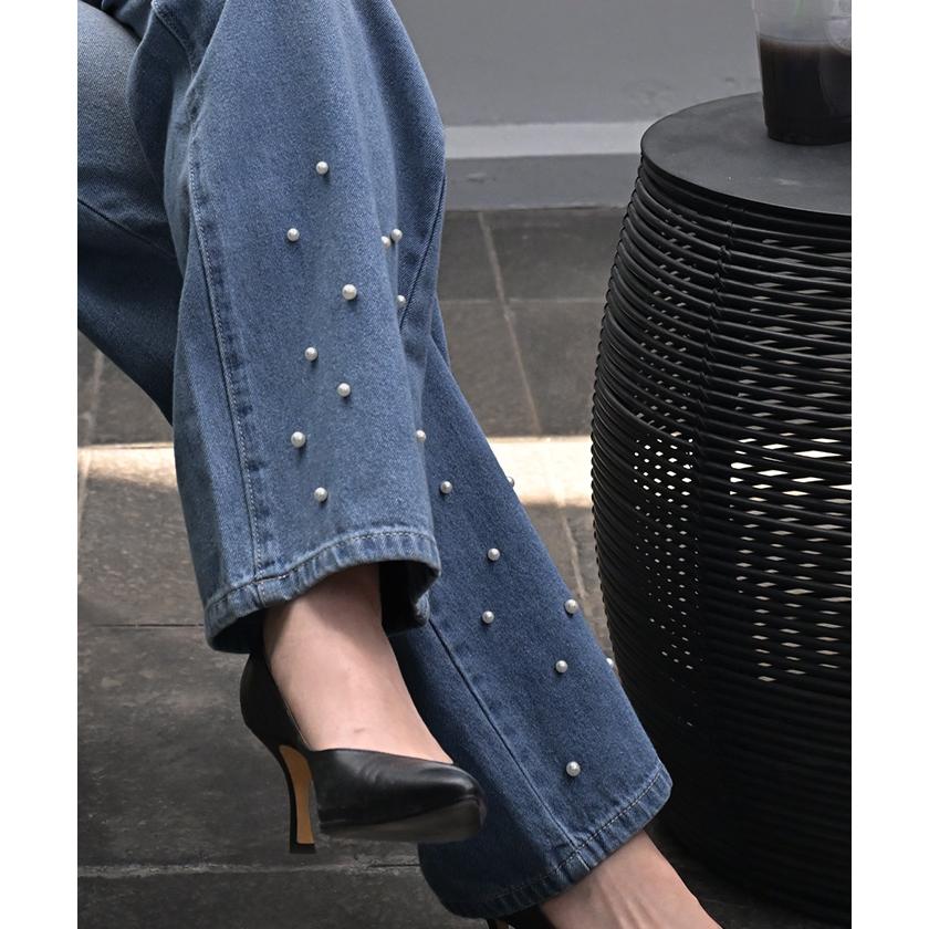 パンツ デニム パール ワイド レディース ボトムス 綿100％ ジーパン ジーンズ ハイウエスト ウエストゴム 無地 コットン100％ 大きいサイズ 体型カバー | HUG.U | 05