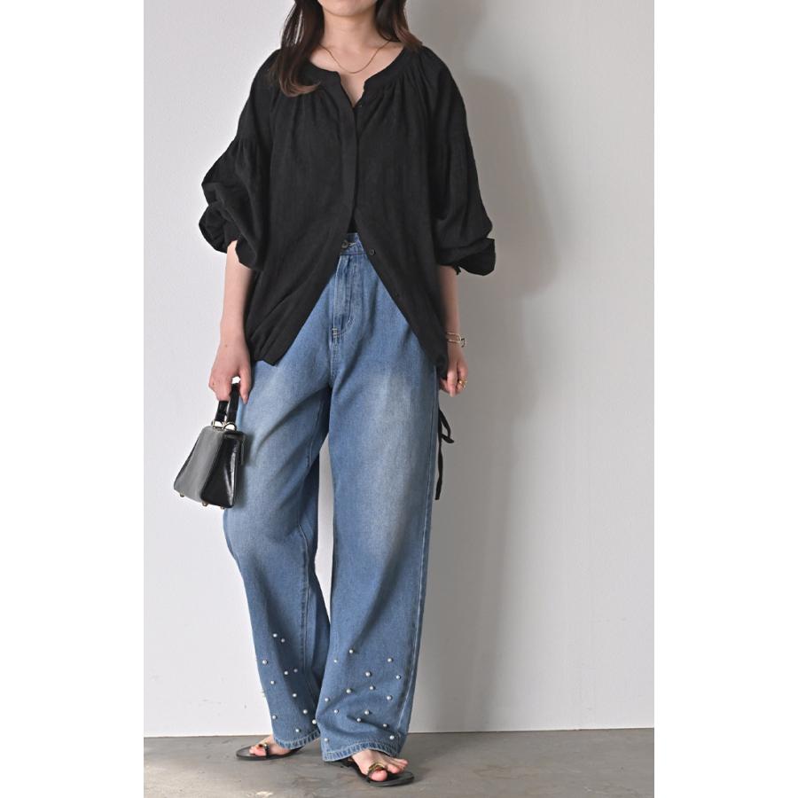 パンツ デニム パール ワイド レディース ボトムス 綿100％ ジーパン ジーンズ ハイウエスト ウエストゴム 無地 コットン100％ 大きいサイズ 体型カバー | HUG.U | 09