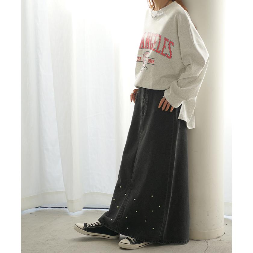 スカート デニム パール ロング レディース ボトムス デニムスカート ウエストゴム Aライン フレア 綿100％ コットン100% マキシ マキシスカート | HUG.U | 12