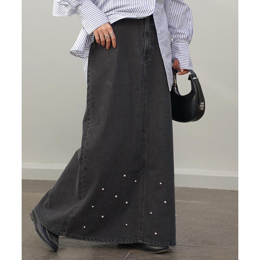 スカート デニム パール ロング レディース ボトムス デニムスカート ウエストゴム Aライン フレア 綿100％ コットン100% マキシ マキシスカート | HUG.U | 13