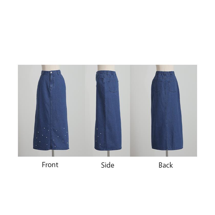 スカート デニム パール ロング レディース ボトムス デニムスカート ウエストゴム Aライン フレア 綿100％ コットン100% マキシ マキシスカート | HUG.U | 15