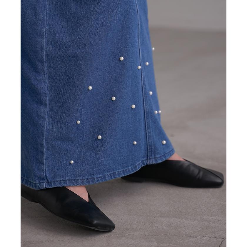 スカート デニム パール ロング レディース ボトムス デニムスカート ウエストゴム Aライン フレア 綿100％ コットン100% マキシ マキシスカート | HUG.U | 05