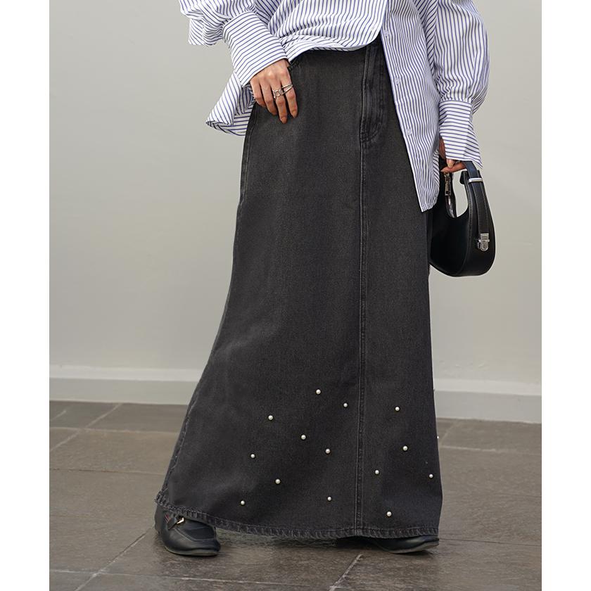 スカート デニム パール ロング レディース ボトムス デニムスカート ウエストゴム Aライン フレア 綿100％ コットン100% マキシ マキシスカート | HUG.U | 06