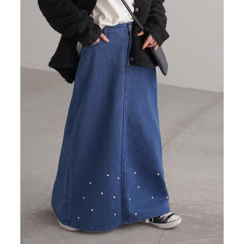 スカート デニム パール ロング レディース ボトムス デニムスカート ウエストゴム Aライン フレア 綿100％ コットン100% マキシ マキシスカート | HUG.U | 10