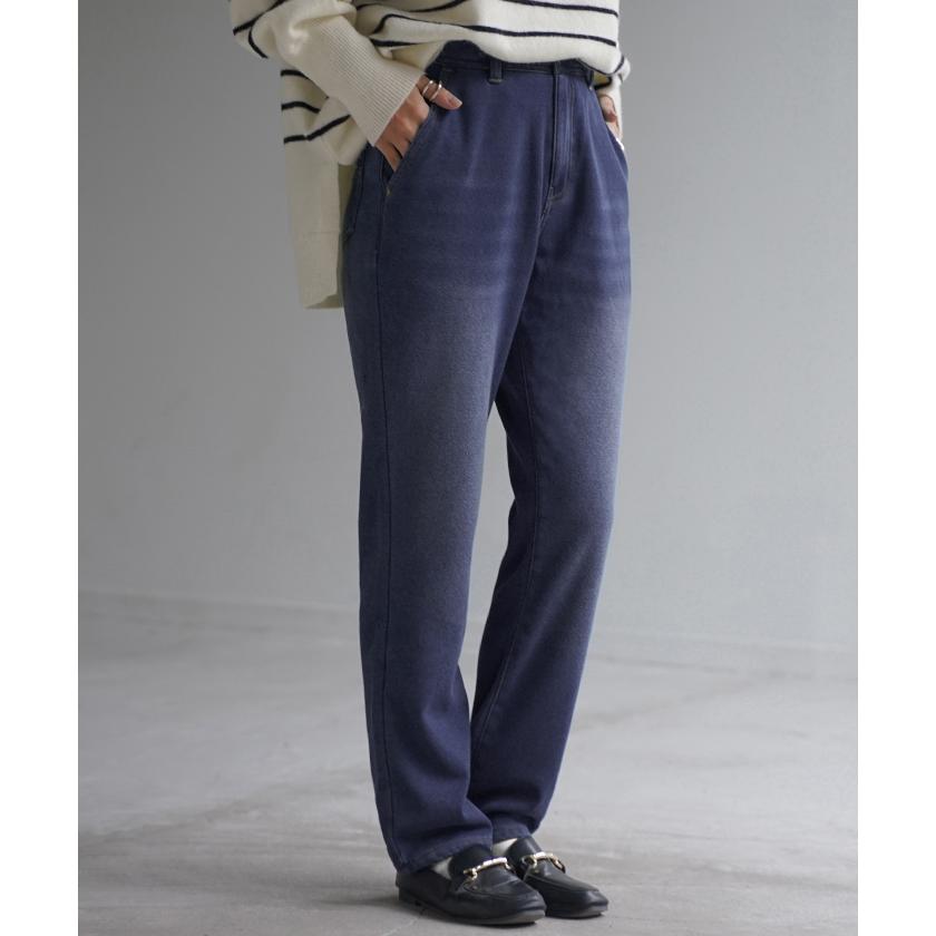 パンツ デニム 風 ニット テーパード レディース テーパードパンツ ワイド ワイドパンツ ロング ロングパンツ 体型カバー ボトムス ストレート ズボン ゆったり | HUG.U | 08