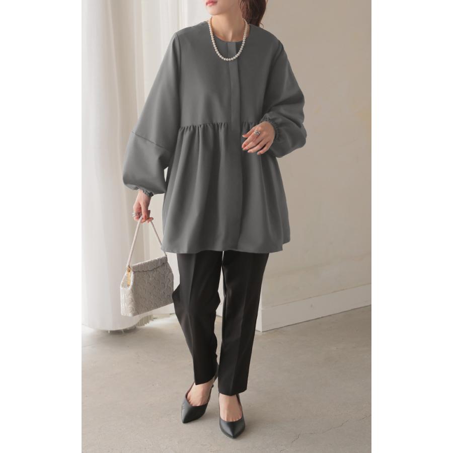 ブラウス ペプラム 体型カバー チュニック レディース トップス シャツ ノーカラー ロング 長袖  羽織 アウター ライトアウター | HUG.U | 04