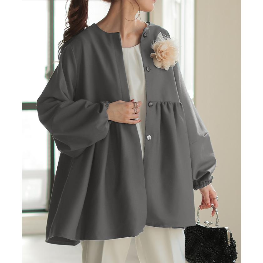 ブラウス ペプラム 体型カバー チュニック レディース トップス シャツ ノーカラー ロング 長袖  羽織 アウター ライトアウター | HUG.U | 06