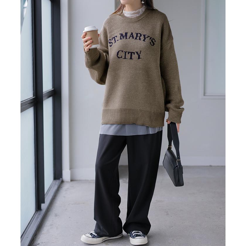 ニット ロゴ ラメ ロング レディース トップス ロングニット ロゴニット　長袖 無地 ジャガード ジャガードニット クルーネック リブ チュニック | HUG.U | 14