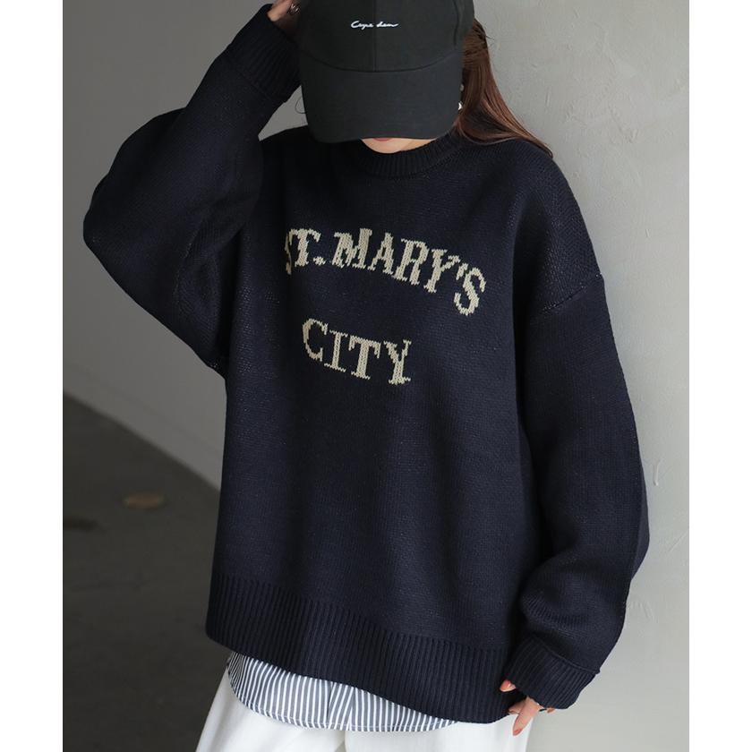 ニット ロゴ ラメ ロング レディース トップス ロングニット ロゴニット　長袖 無地 ジャガード ジャガードニット クルーネック リブ チュニック | HUG.U | 16