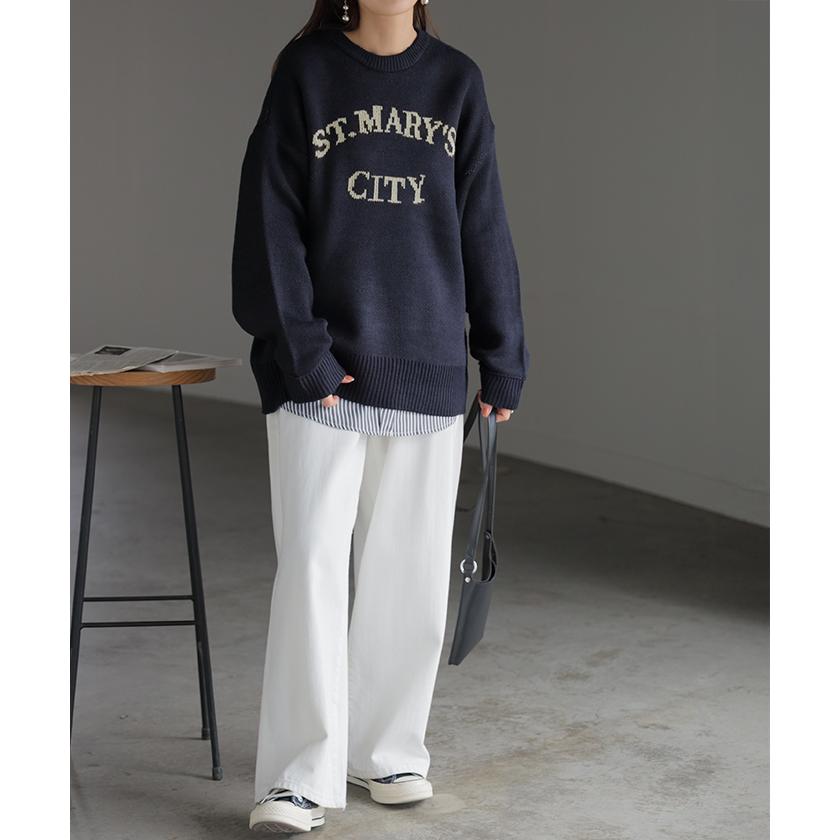 ニット ロゴ ラメ ロング レディース トップス ロングニット ロゴニット　長袖 無地 ジャガード ジャガードニット クルーネック リブ チュニック | HUG.U | 17