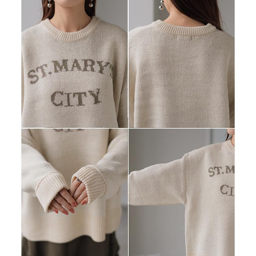 ニット ロゴ ラメ ロング レディース トップス ロングニット ロゴニット　長袖 無地 ジャガード ジャガードニット クルーネック リブ チュニック | HUG.U | 18