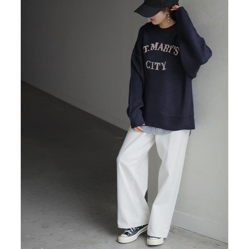 ニット ロゴ ラメ ロング レディース トップス ロングニット ロゴニット　長袖 無地 ジャガード ジャガードニット クルーネック リブ チュニック | HUG.U | 07