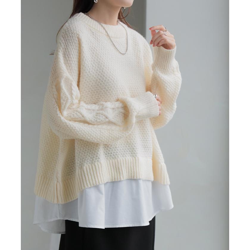 ニット シャツ ドッキング レイヤード 風 レディース トップス ロング ロングニット バックスリット ボリュームスリーブ ケーブルニット ドルマン | HUG.U | 14