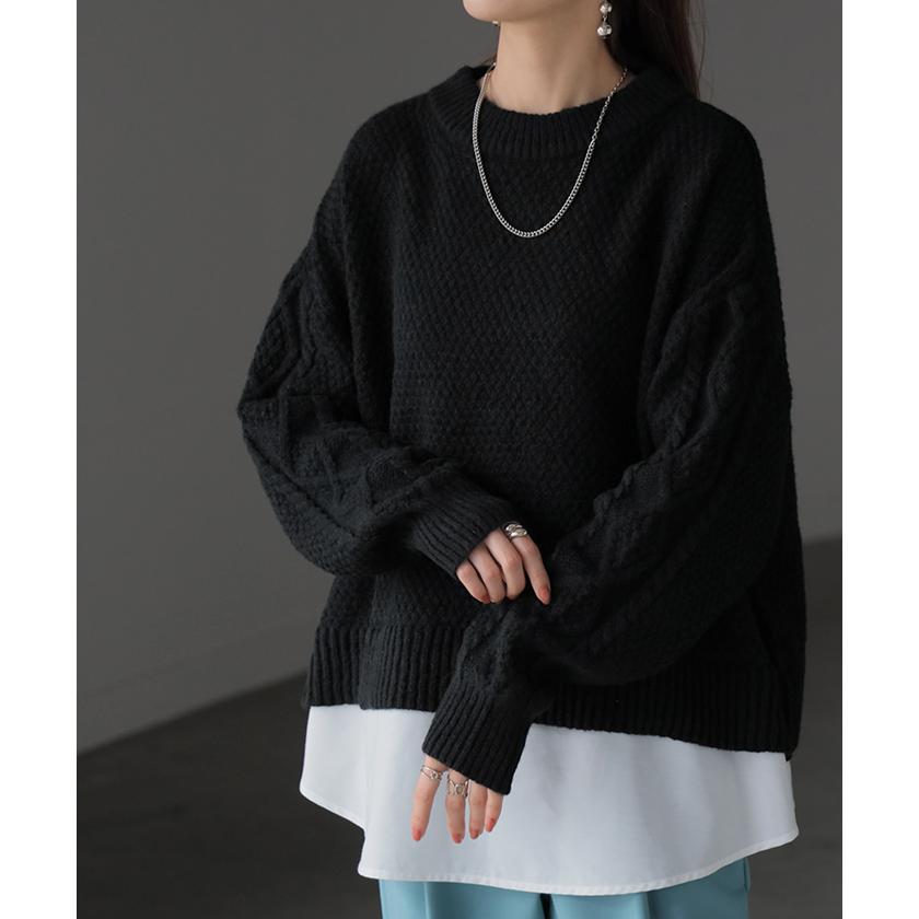 ニット シャツ ドッキング レイヤード 風 レディース トップス ロング ロングニット バックスリット ボリュームスリーブ ケーブルニット ドルマン | HUG.U | 17