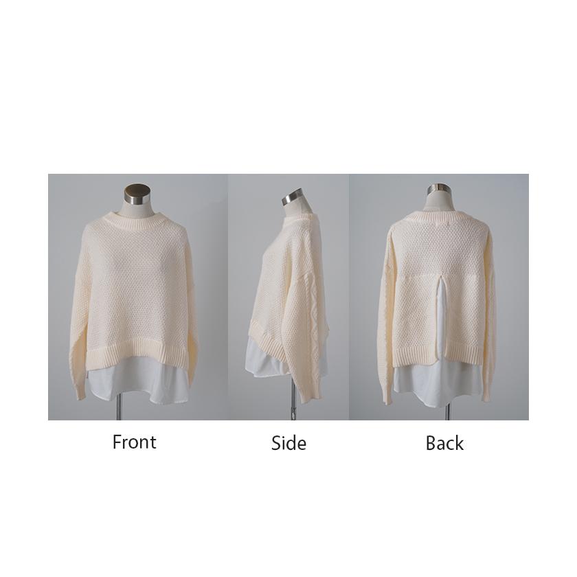 ニット シャツ ドッキング レイヤード 風 レディース トップス ロング ロングニット バックスリット ボリュームスリーブ ケーブルニット ドルマン | HUG.U | 19