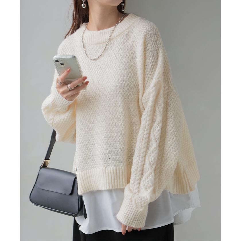 ニット シャツ ドッキング レイヤード 風 レディース トップス ロング ロングニット バックスリット ボリュームスリーブ ケーブルニット ドルマン | HUG.U | 04