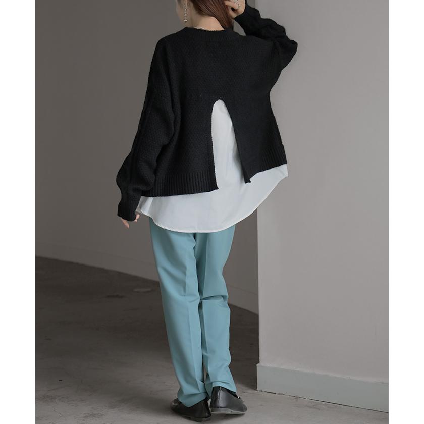 ニット シャツ ドッキング レイヤード 風 レディース トップス ロング ロングニット バックスリット ボリュームスリーブ ケーブルニット ドルマン | HUG.U | 06