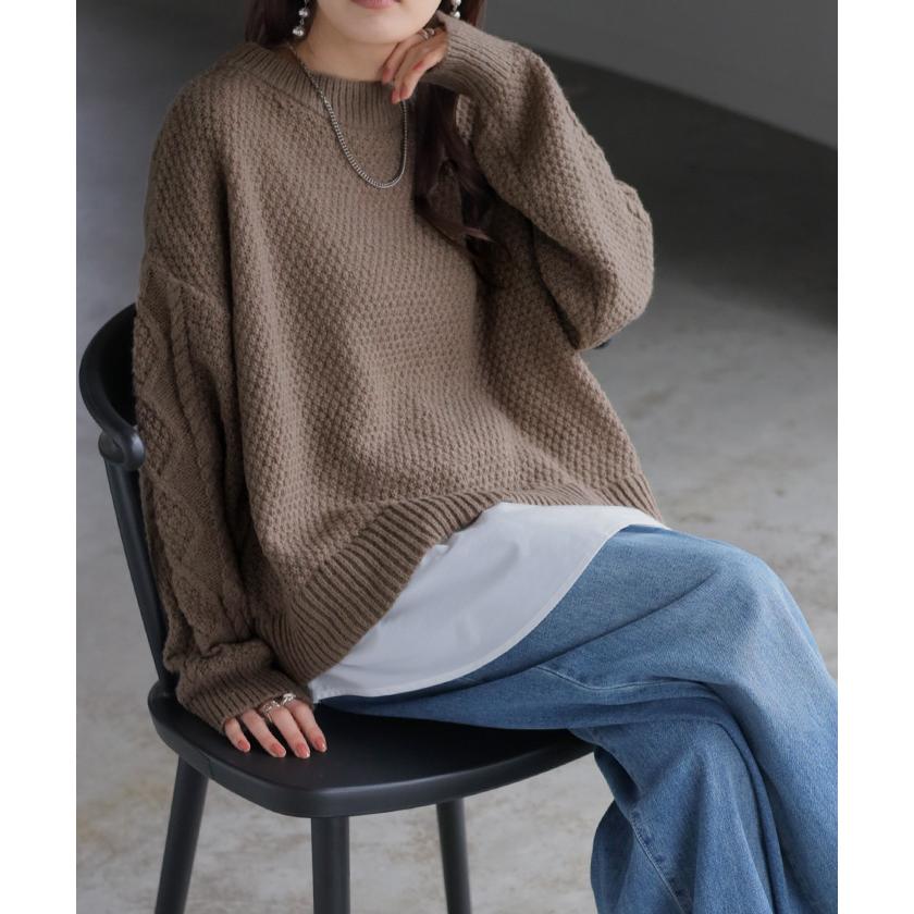 ニット シャツ ドッキング レイヤード 風 レディース トップス ロング ロングニット バックスリット ボリュームスリーブ ケーブルニット ドルマン | HUG.U | 11