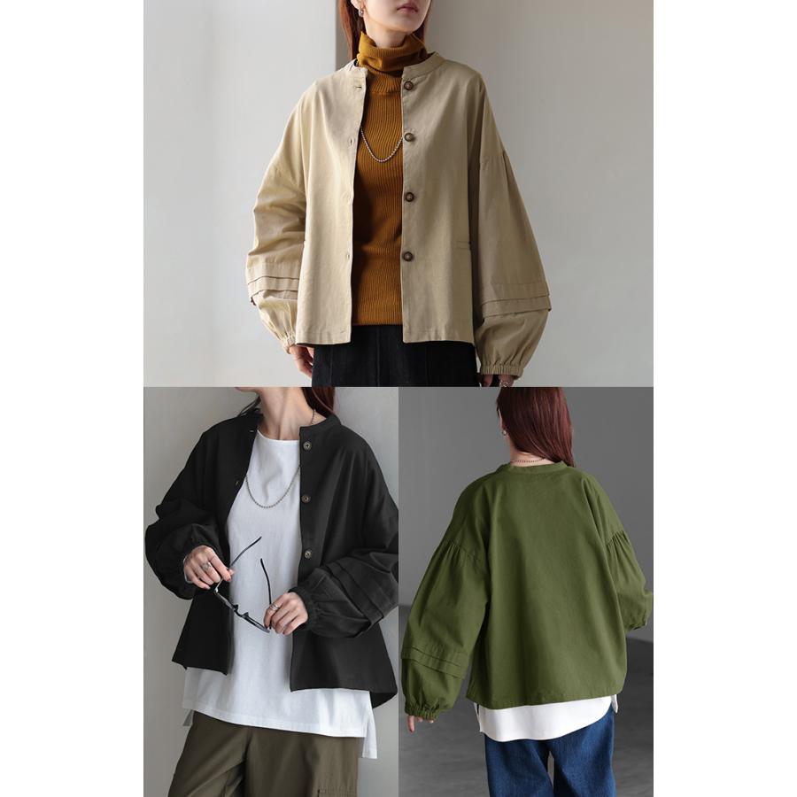 アウター ブルゾン レディース ジャケット 綿100％ 長袖 羽織 ノーカラー タック ツイル コクーン ライトアウター | HUG.U | 17