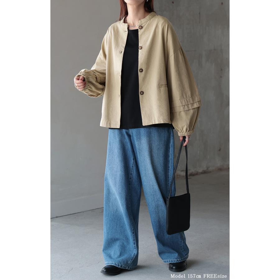 アウター ブルゾン レディース ジャケット 綿100％ 長袖 羽織 ノーカラー タック ツイル コクーン ライトアウター | HUG.U | 06