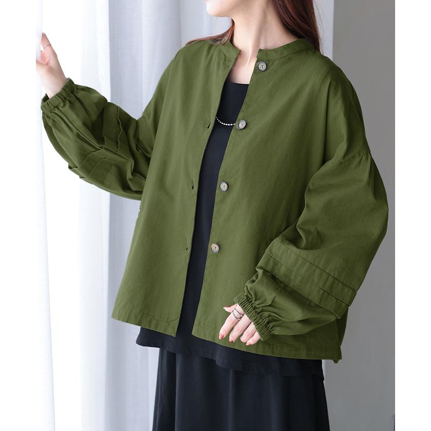 アウター ブルゾン レディース ジャケット 綿100％ 長袖 羽織 ノーカラー タック ツイル コクーン ライトアウター | HUG.U | 07