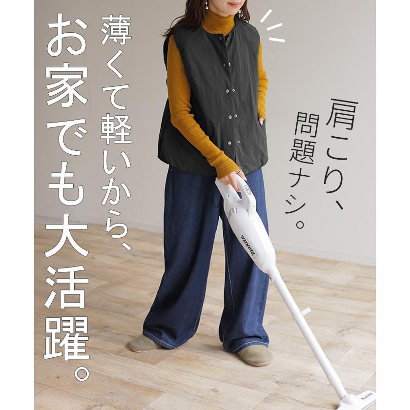 ベスト 軽量 中綿 レディース トップス レイヤード 重ね着 防寒 薄い 無地 ノースリーブ ジレ アウター インナーダウン ダウン シワになりにくい クルーネック | HUG.U | 21