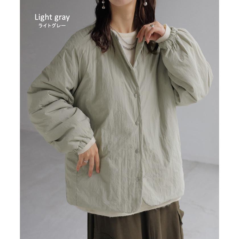ブルゾン 軽量 中綿 レディース アウター ジャケット ロング ジャンパー 長袖 無地 お尻が隠れる ノーカラー 軽い ドルマン オーバー シワになりにくい | HUG.U | 16