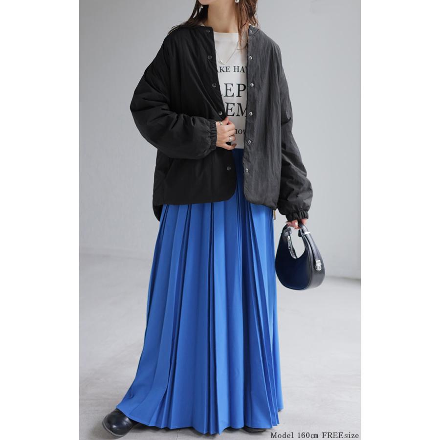 ブルゾン 軽量 中綿 レディース アウター ジャケット ロング ジャンパー 長袖 無地 お尻が隠れる ノーカラー 軽い ドルマン オーバー シワになりにくい | HUG.U | 11