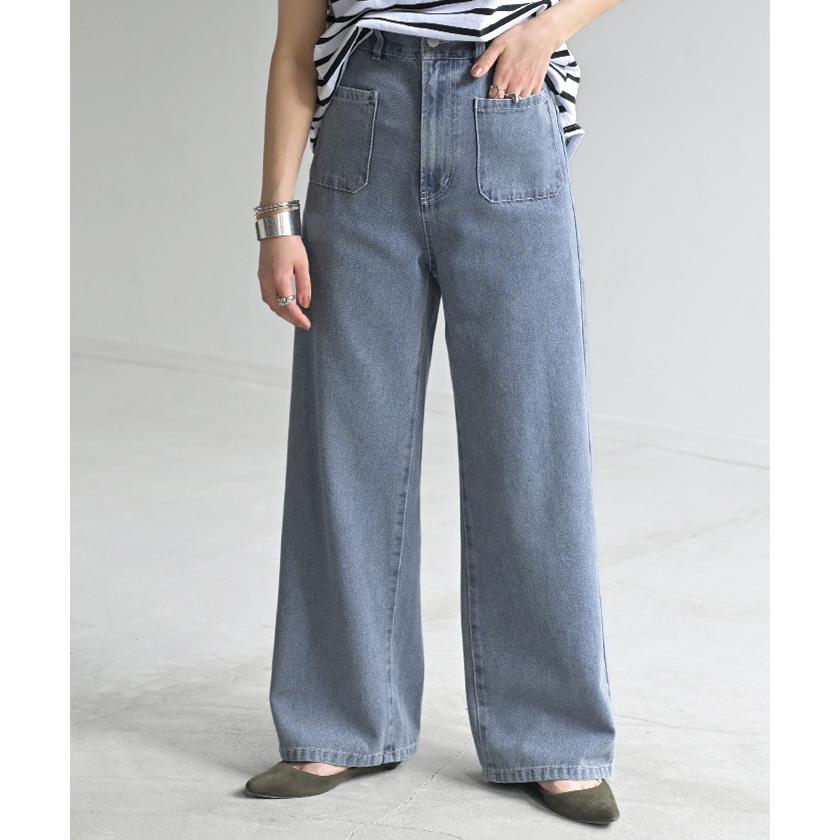 パンツ デニムパンツ レディース ワイドパンツ ワイド ジーンズ ジーパン フロント ポケット 無地 体型カバー ボトムス ボトム | HUG.U | 07