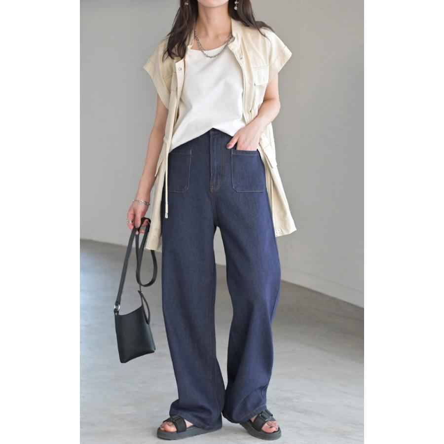パンツ デニムパンツ レディース ワイドパンツ ワイド ジーンズ ジーパン フロント ポケット 無地 体型カバー ボトムス ボトム | HUG.U | 10