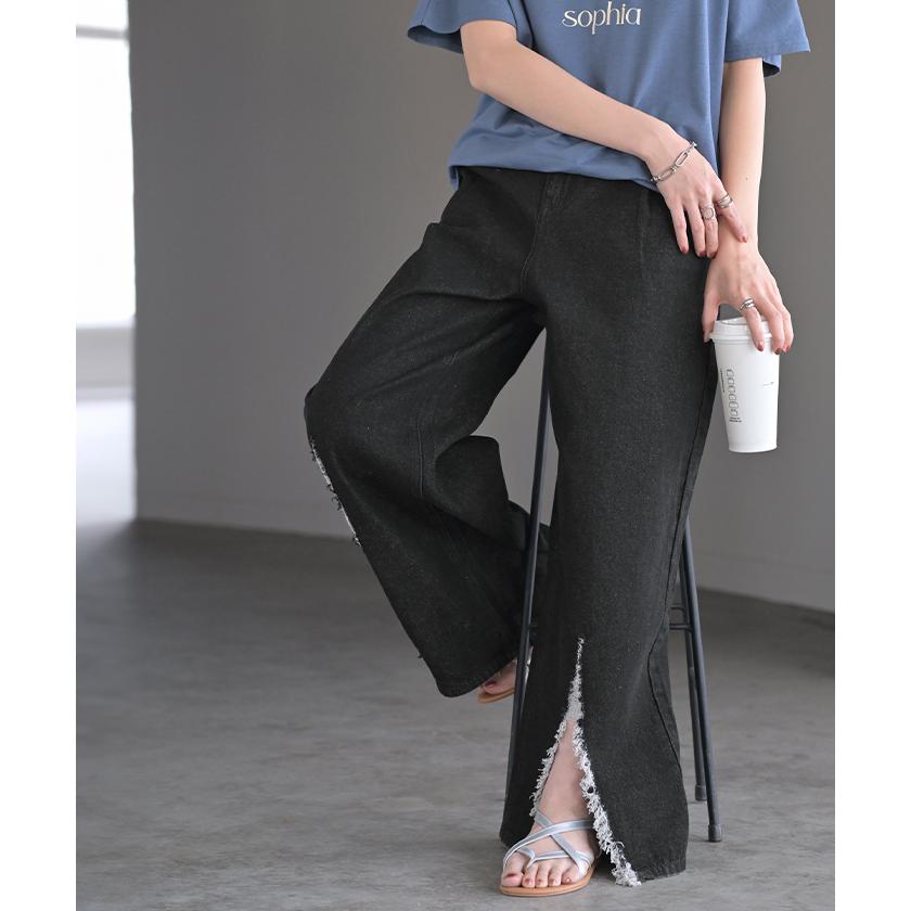 パンツ デニム ワイド 綿100 レディース ロング 長め ボトムス ダメージ 加工 ハイウエスト デニムパンツ 無地 ジーパン | HUG.U | 22