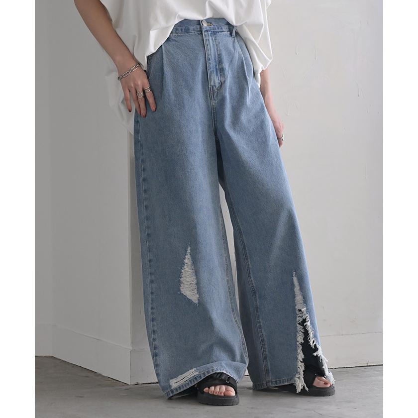 パンツ デニム ワイド 綿100 レディース ロング 長め ボトムス ダメージ 加工 ハイウエスト デニムパンツ 無地 ジーパン | HUG.U | 08