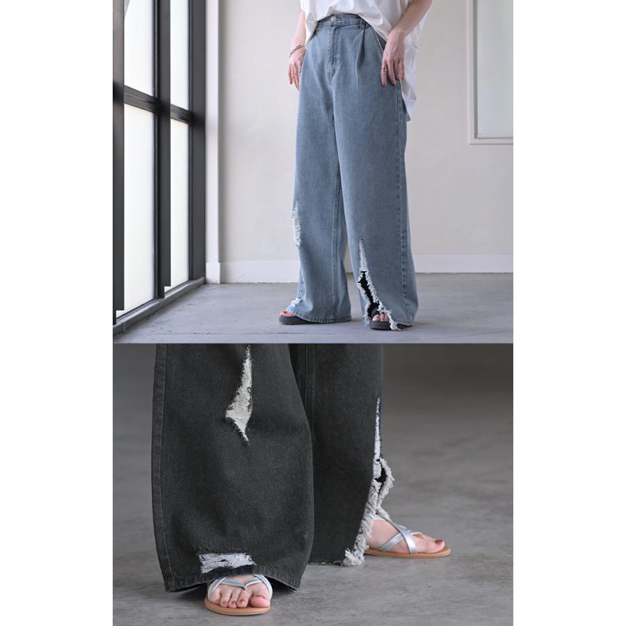 パンツ デニム ワイド 綿100 レディース ロング 長め ボトムス ダメージ 加工 ハイウエスト デニムパンツ 無地 ジーパン | HUG.U | 12