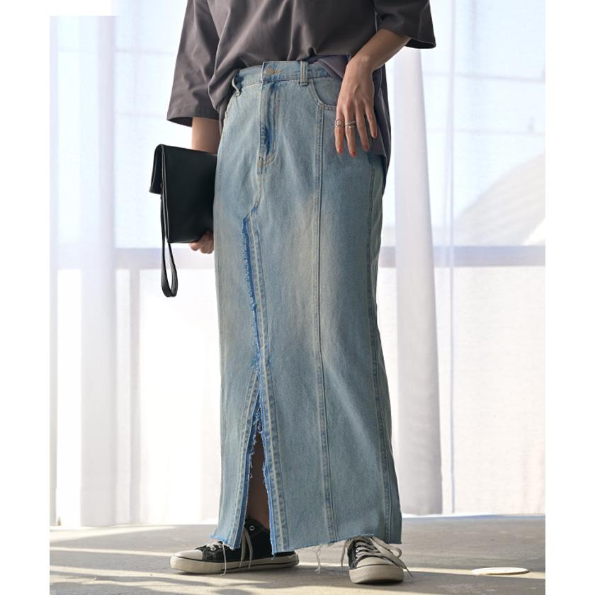 スカート デニム ロング レディース ボトムス デニムスカート ロングスカート 綿100% Iライン ハイウエスト | HUG.U | 06