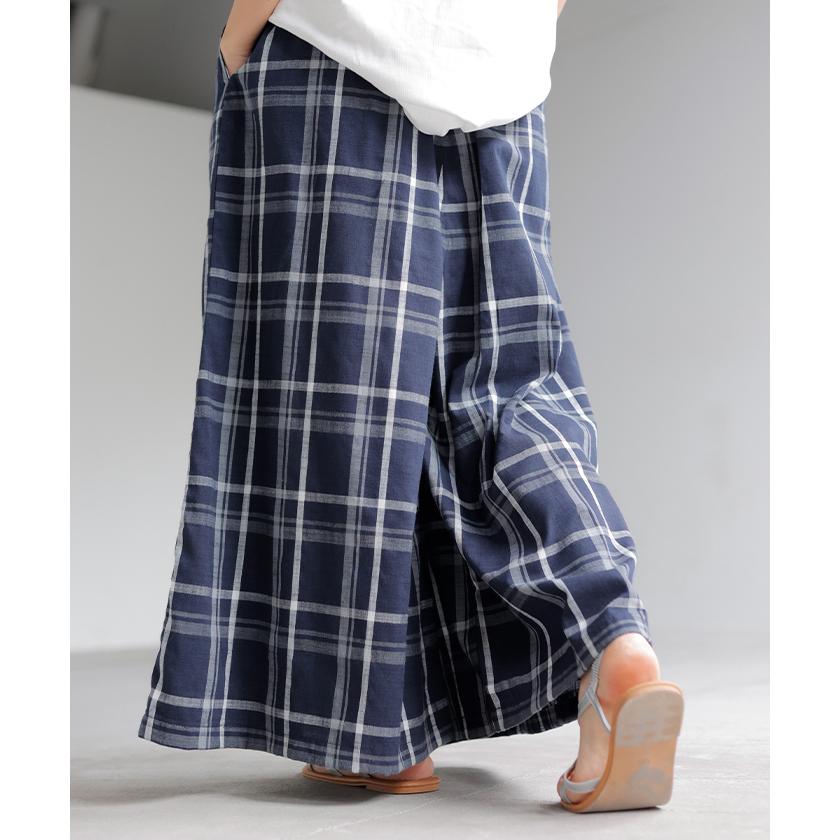 パンツ チェック ワイドパンツ レディース ワイド ロング ロングパンツ ボトムス ボトム リネン 混 フレア フレアパンツ ズボン 太い チェックパンツ ゆったり | HUG.U | 20