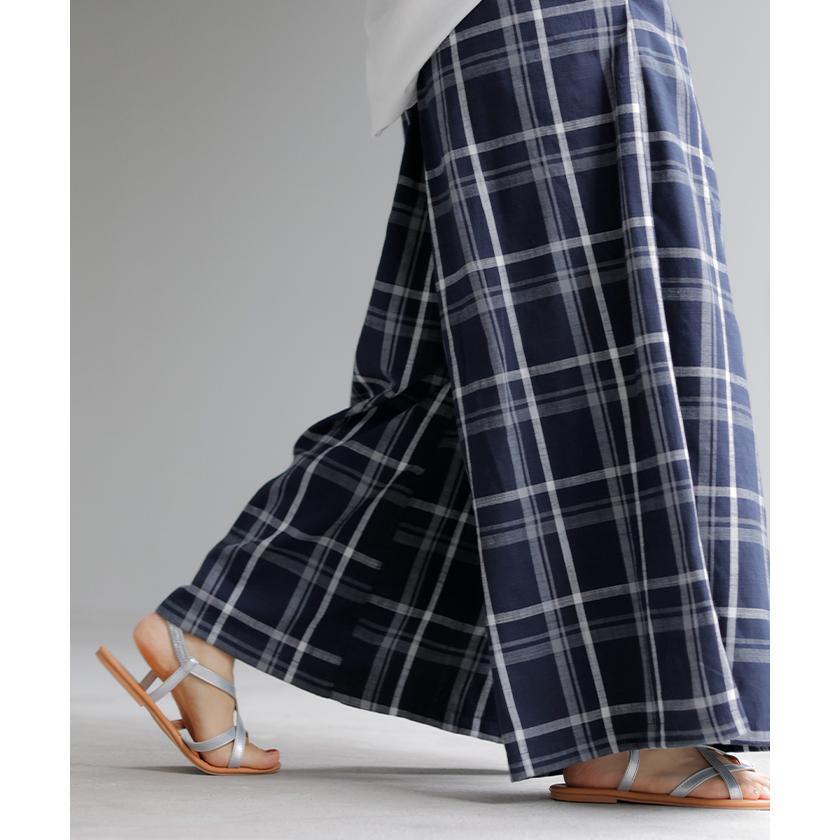 パンツ チェック ワイドパンツ レディース ワイド ロング ロングパンツ ボトムス ボトム リネン 混 フレア フレアパンツ ズボン 太い チェックパンツ ゆったり | HUG.U | 09