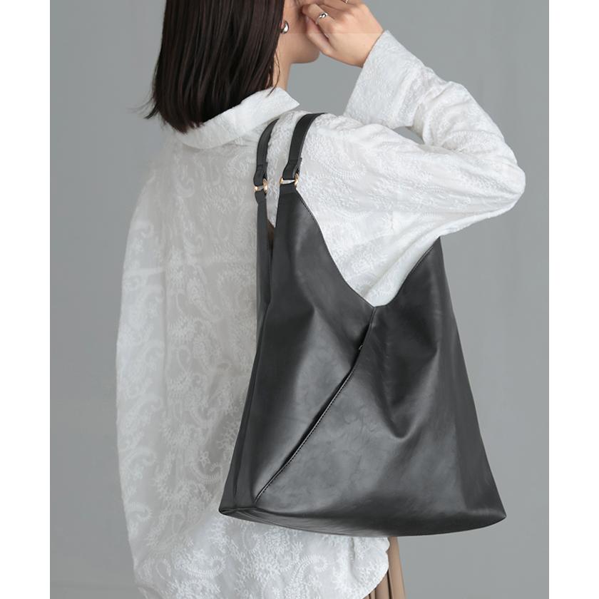 トート バッグ 本革 風 トライアングル レディース トートバッグ 大容量 レザー 風 ポケット かばん 鞄 無地 | HUG.U | 06