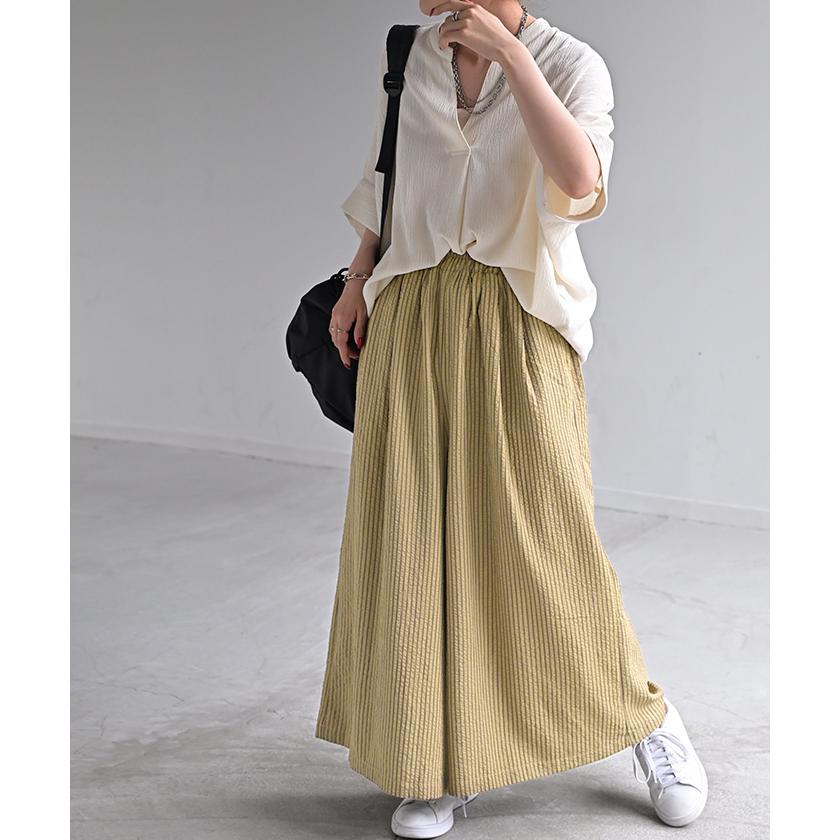 パンツ ワイド ストライプ レディース ワイドパンツ ロング ロングパンツ 体型カバー ボトムス ボトム ストレート | HUG.U | 06