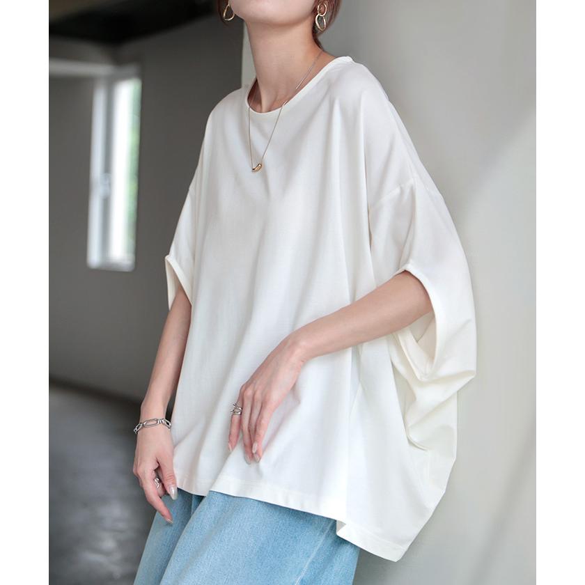 Tシャツ レディース 接触 冷感 トップス 半袖 カットソー ドルマン ドルマンスリーブ ロング ティーシャツ チュニック ビッグ クルーネック 二の腕カバー 長い | HUG.U | 08
