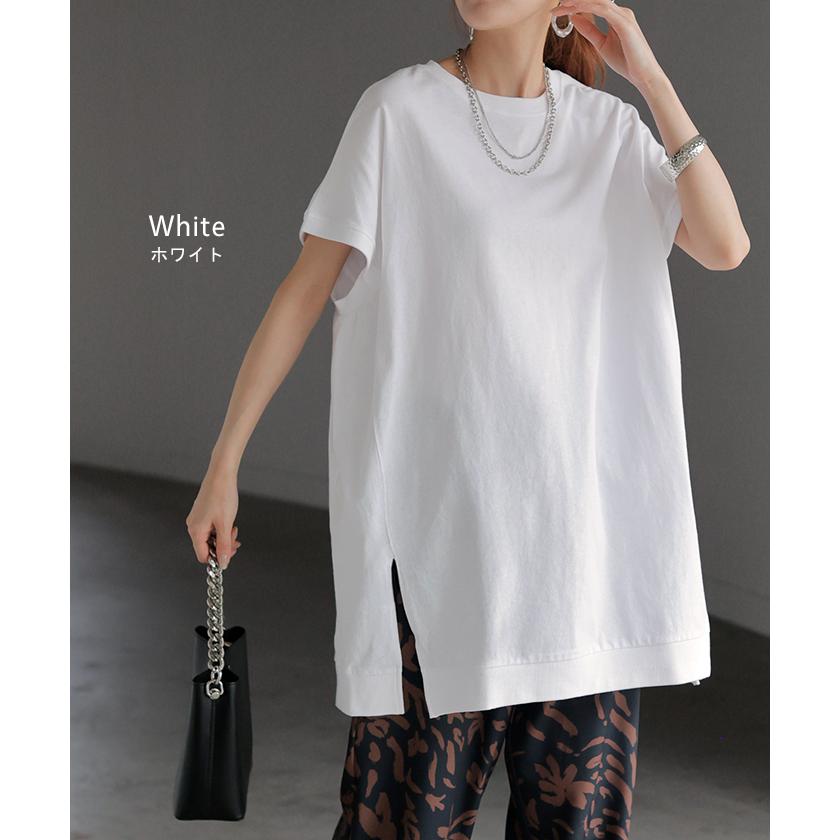 Tシャツ 綿100％ レディース トップス 半袖 カットソー ロング ティーシャツ チュニック ビッグ プラスサイズ クルーネック レイヤード 長い ゆったり 天竺 | HUG.U | 19