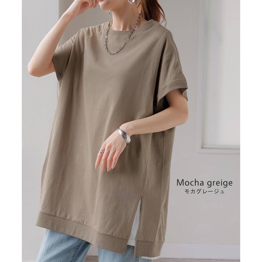Tシャツ 綿100％ レディース トップス 半袖 カットソー ロング ティーシャツ チュニック ビッグ プラスサイズ クルーネック レイヤード 長い ゆったり 天竺 | HUG.U | 20