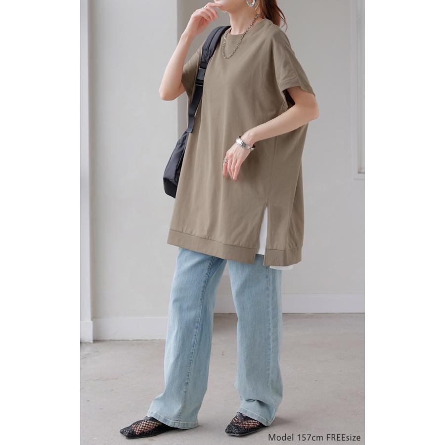 Tシャツ 綿100％ レディース トップス 半袖 カットソー ロング ティーシャツ チュニック ビッグ プラスサイズ クルーネック レイヤード 長い ゆったり 天竺 | HUG.U | 07